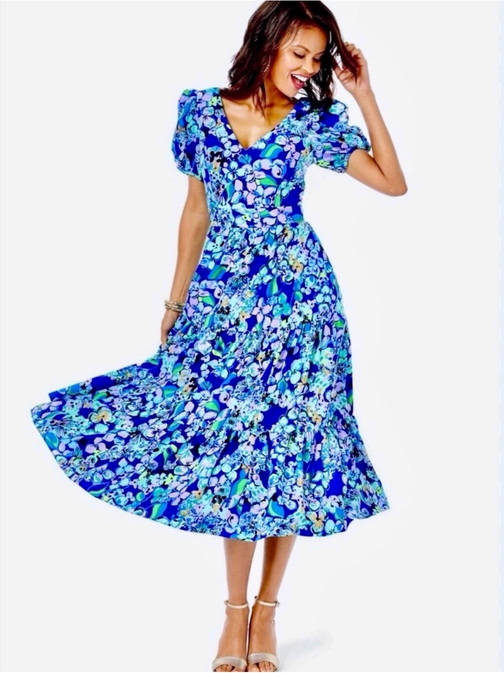 Lilly Pulitzer “Grace” Blue Grotto Floral V-Neck Midi Dress
